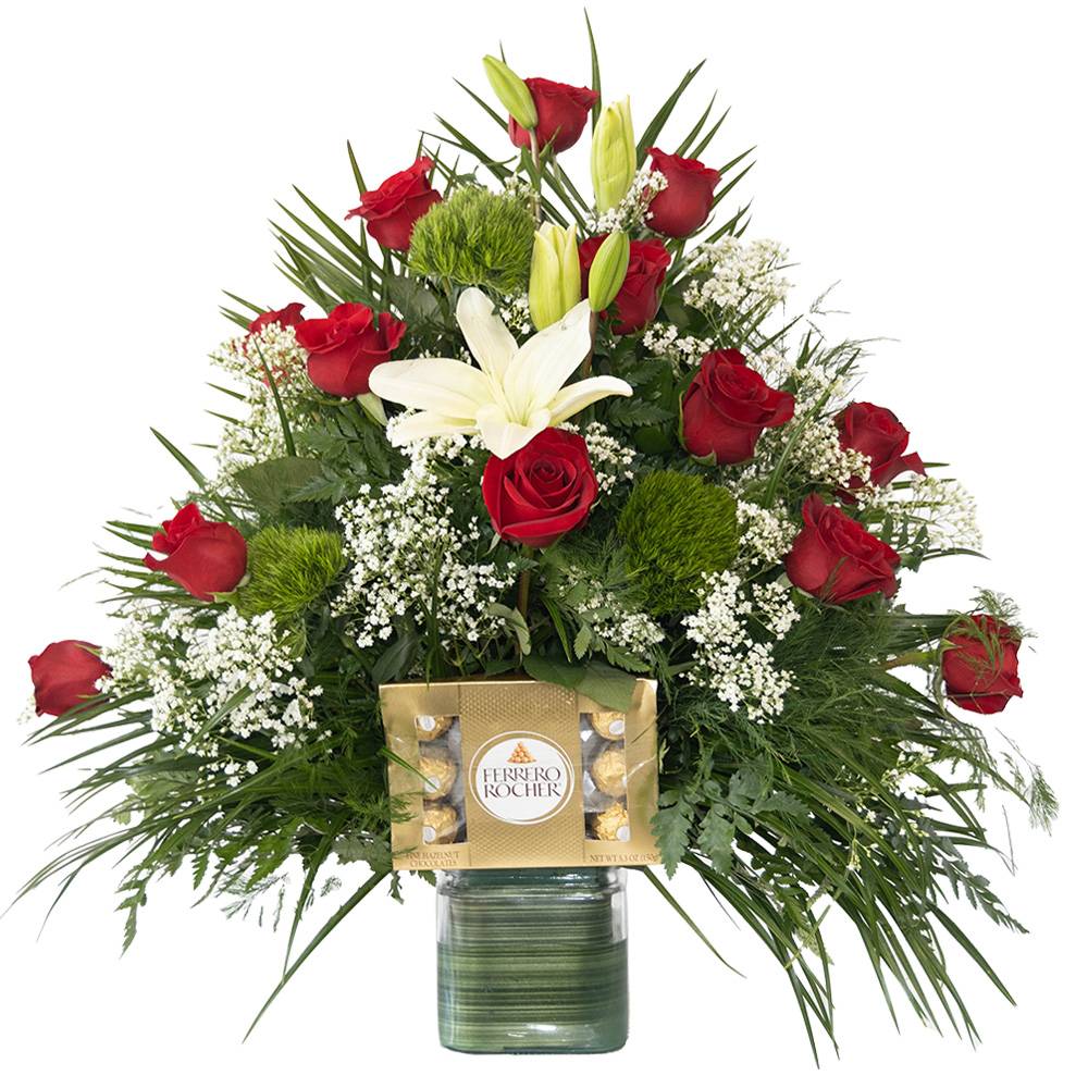 “Anita” Arrangement of 12 Red Roses with chocolate